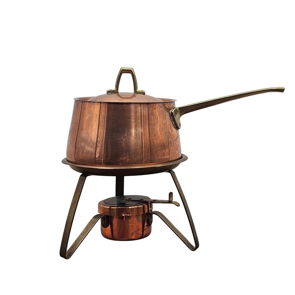 Vintage Revere Ware Copper Fondue Set with Brass Handle Stand and Burner